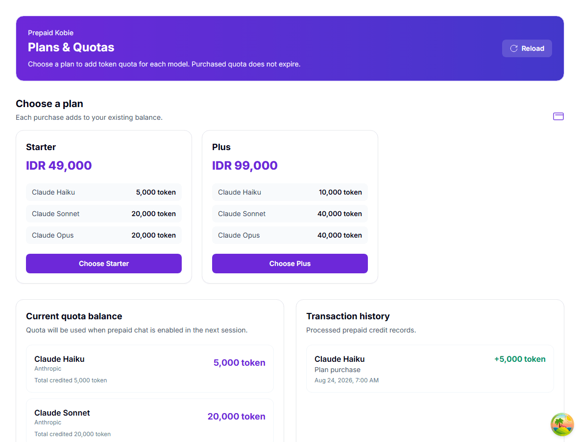 Kobie Plans and Usage page showing membership plans, shared percentage, and billing history